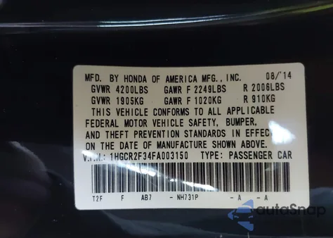 2015 Honda Accord Lx z USA, uszkodzony, nr VIN 1HGCR2F34FA003150
